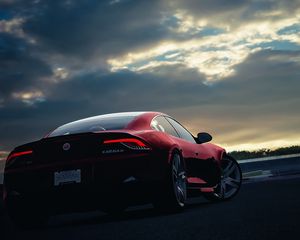 Preview wallpaper fisker, karma, car, sunset, night, sky, red