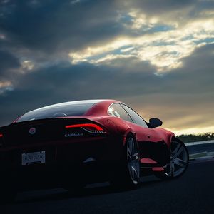 Preview wallpaper fisker, karma, car, sunset, night, sky, red