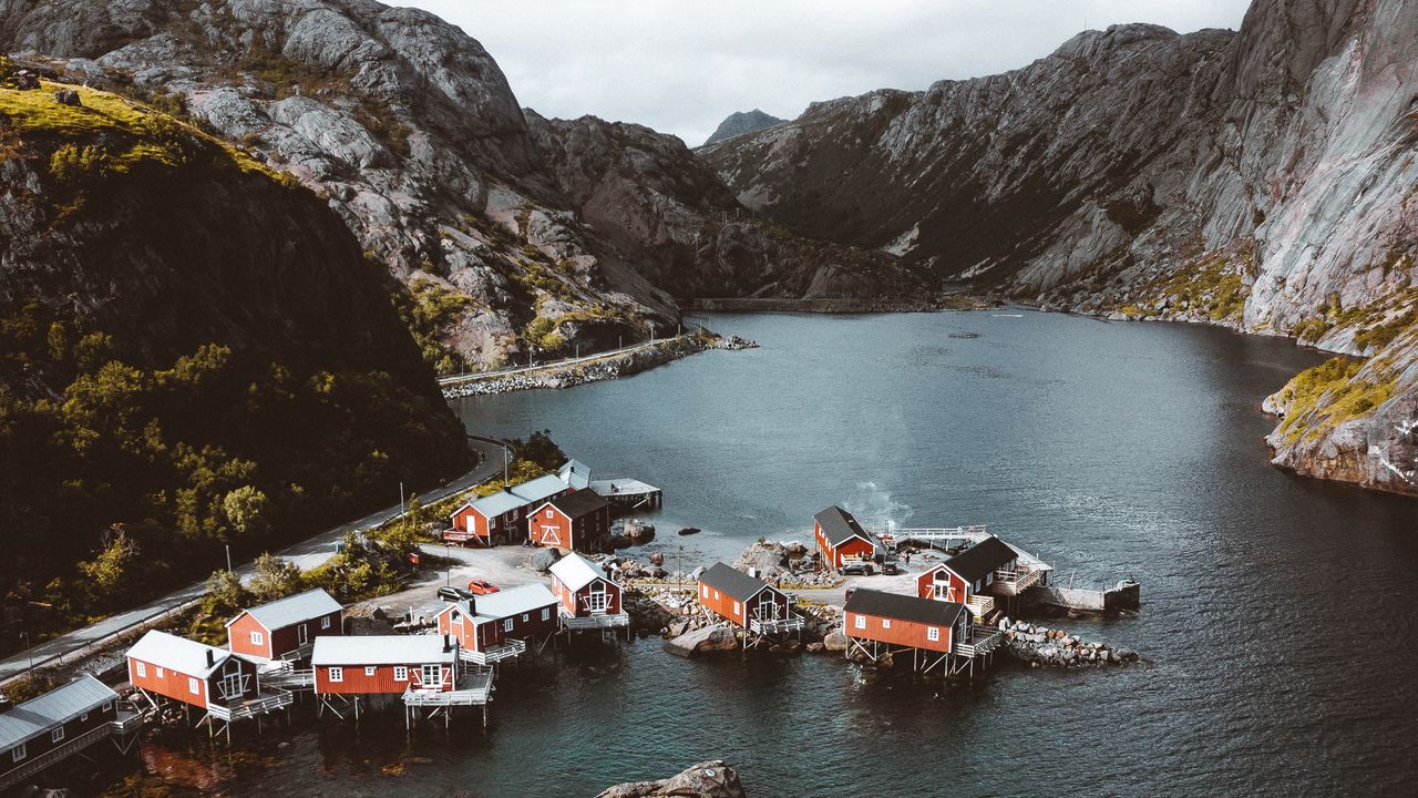 Wallpaper fjord, buildings, aerial view, fishing village, lofoten, norway