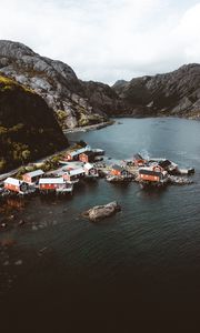 Preview wallpaper fjord, buildings, aerial view, fishing village, lofoten, norway