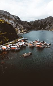 Preview wallpaper fjord, buildings, aerial view, fishing village, lofoten, norway