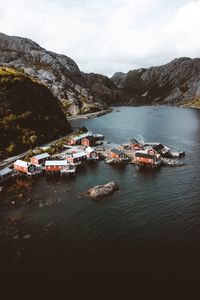 Preview wallpaper fjord, buildings, aerial view, fishing village, lofoten, norway