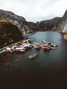 Preview wallpaper fjord, buildings, aerial view, fishing village, lofoten, norway