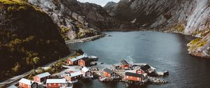 Preview wallpaper fjord, buildings, aerial view, fishing village, lofoten, norway