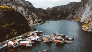 Preview wallpaper fjord, buildings, aerial view, fishing village, lofoten, norway