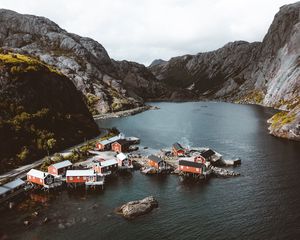 Preview wallpaper fjord, buildings, aerial view, fishing village, lofoten, norway