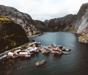 Preview wallpaper fjord, buildings, aerial view, fishing village, lofoten, norway