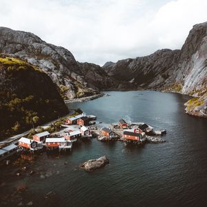 Preview wallpaper fjord, buildings, aerial view, fishing village, lofoten, norway