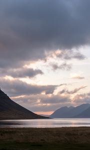 Preview wallpaper fjord, lake, hills, sunset, nature, iceland