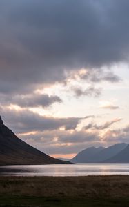 Preview wallpaper fjord, lake, hills, sunset, nature, iceland