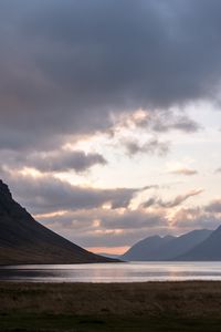 Preview wallpaper fjord, lake, hills, sunset, nature, iceland