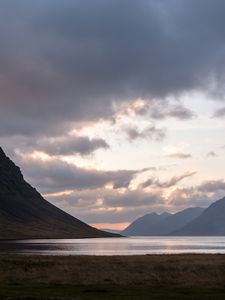 Preview wallpaper fjord, lake, hills, sunset, nature, iceland