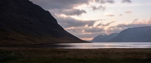 Preview wallpaper fjord, lake, hills, sunset, nature, iceland