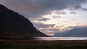 Preview wallpaper fjord, lake, hills, sunset, nature, iceland
