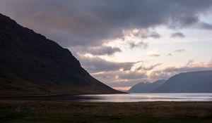 Preview wallpaper fjord, lake, hills, sunset, nature, iceland