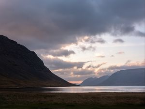 Preview wallpaper fjord, lake, hills, sunset, nature, iceland