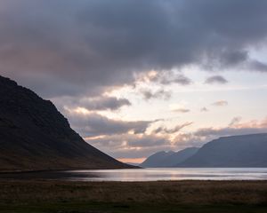 Preview wallpaper fjord, lake, hills, sunset, nature, iceland