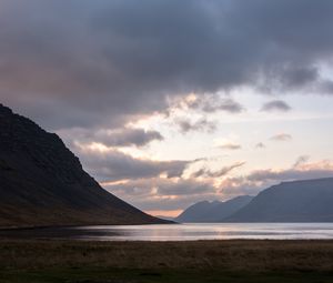 Preview wallpaper fjord, lake, hills, sunset, nature, iceland