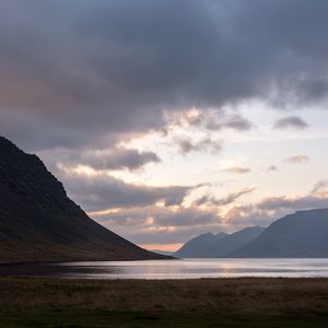 Preview wallpaper fjord, lake, hills, sunset, nature, iceland