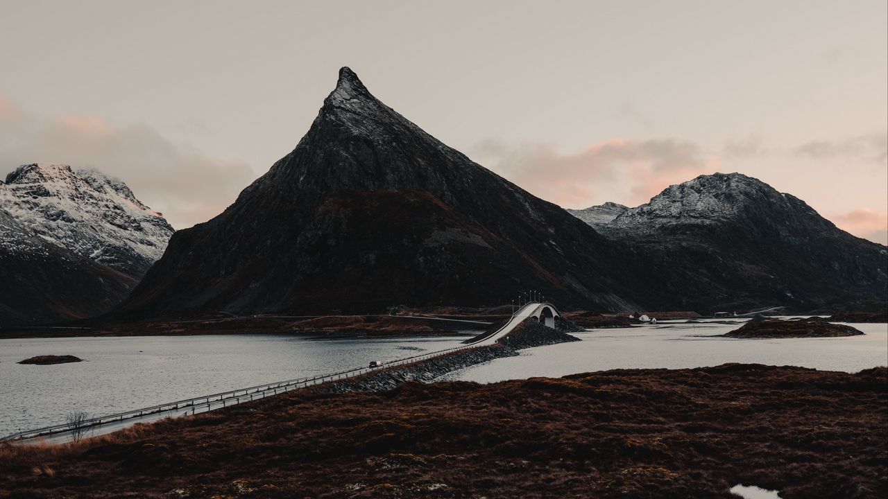 Wallpaper fjord, mountains, bridge, crossing, lofoten, norway