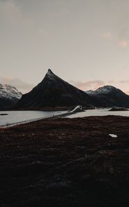 Preview wallpaper fjord, mountains, bridge, crossing, lofoten, norway