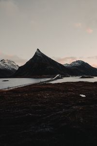 Preview wallpaper fjord, mountains, bridge, crossing, lofoten, norway