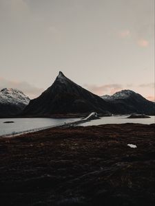 Preview wallpaper fjord, mountains, bridge, crossing, lofoten, norway