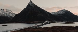 Preview wallpaper fjord, mountains, bridge, crossing, lofoten, norway