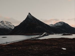 Preview wallpaper fjord, mountains, bridge, crossing, lofoten, norway