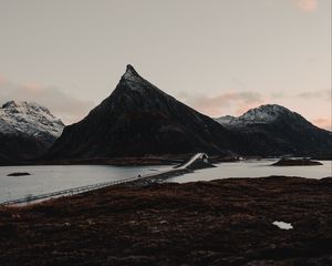 Preview wallpaper fjord, mountains, bridge, crossing, lofoten, norway