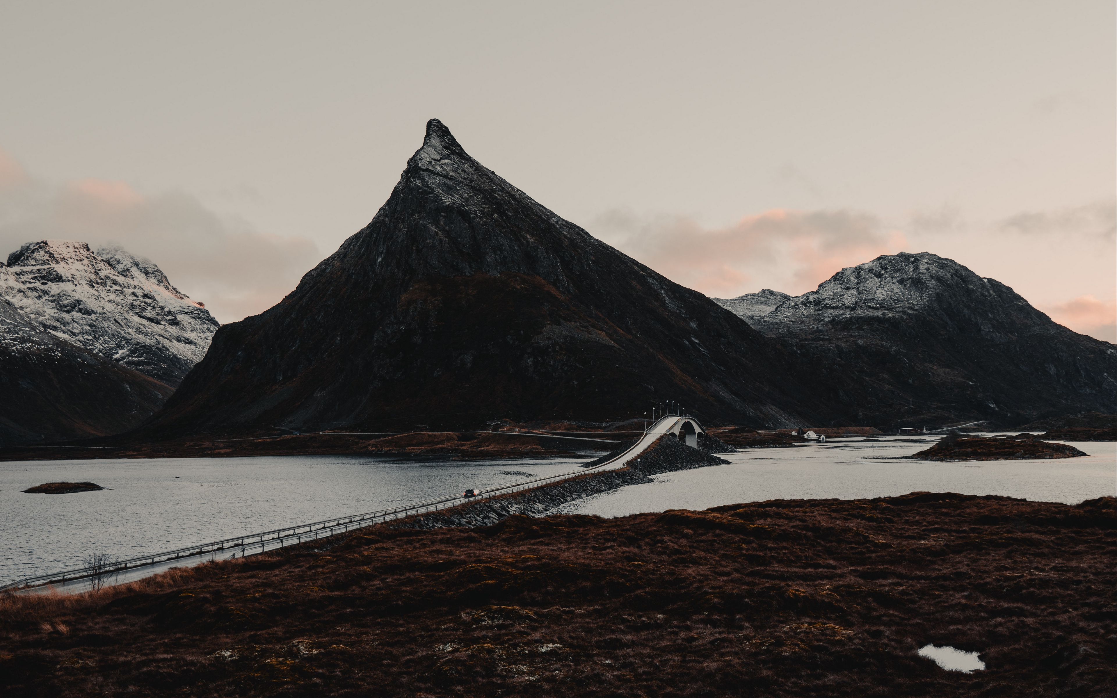 Download wallpaper 3840x2400 fjord, mountains, bridge, crossing