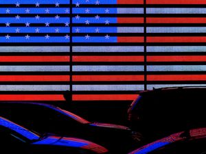Preview wallpaper flag, america, neon, cars