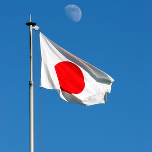 Preview wallpaper flag, japan, fabric, folds, sky, moon