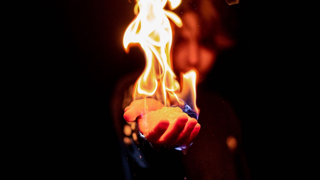 Wallpaper flame, fire, hand, man, dark