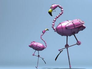 Preview wallpaper flamingo, robot, pink, cub, figures