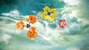 Preview wallpaper flight, flower, branch, sky, clouds, colorful