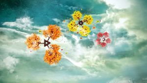 Preview wallpaper flight, flower, branch, sky, clouds, colorful