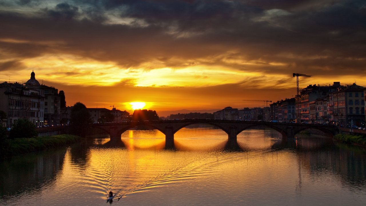 Wallpaper florence, river, sunset, bridge, architecture, vintage