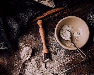 Preview wallpaper flour, spoons, wooden, surface