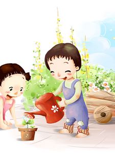 Preview wallpaper flower, children, watering