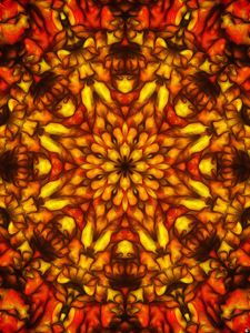 Preview wallpaper flower, kaleidoscope, shapes, abstraction, red, yellow