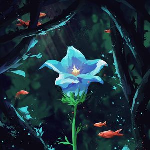 Preview wallpaper flower, petals, fish, under water, art