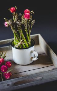 Preview wallpaper flowers, asparagus, mug, bouquet, plants