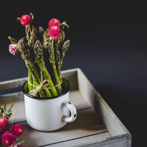 Preview wallpaper flowers, asparagus, mug, bouquet, plants