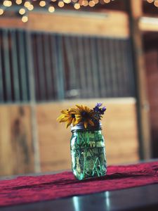 Preview wallpaper flowers, bank, vase, table, blur