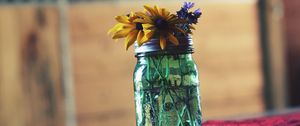 Preview wallpaper flowers, bank, vase, table, blur