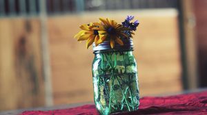 Preview wallpaper flowers, bank, vase, table, blur