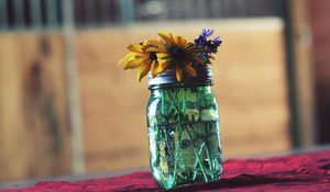 Preview wallpaper flowers, bank, vase, table, blur