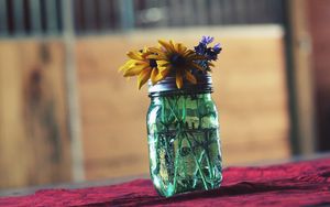 Preview wallpaper flowers, bank, vase, table, blur