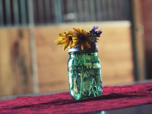 Preview wallpaper flowers, bank, vase, table, blur